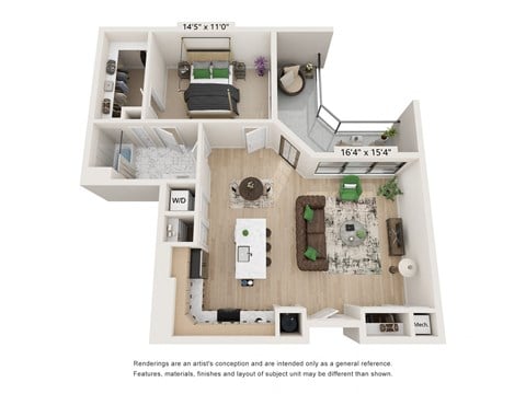 Floor plan for 1 bed, 1 bath, 1007 sqft